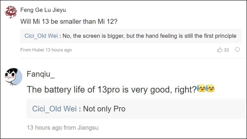 Câu trả lời về kích thước và pin của Xiaomi 13