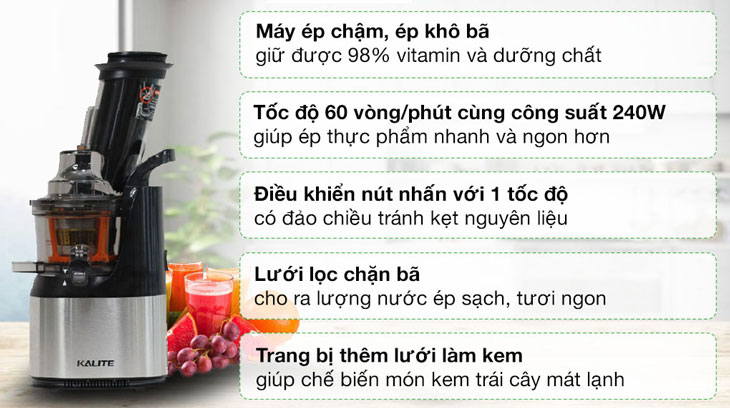 Máy ép chậm Kalite KL-565 có giá bán chỉ 3.707.000 đồng (cập nhật 26/11/2022, có thể thay đổi theo thời gian)