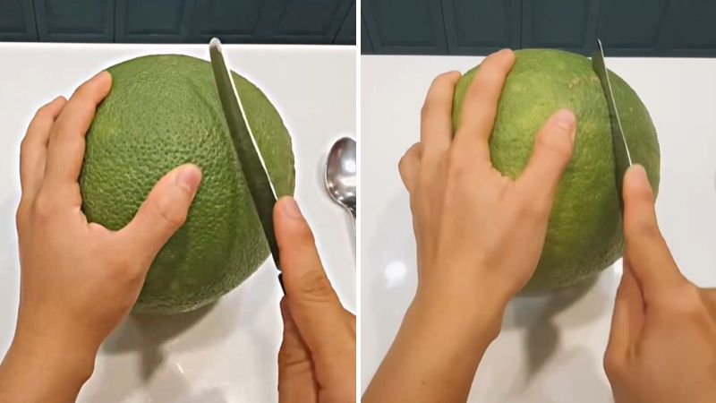 Gently cut around the pomelo