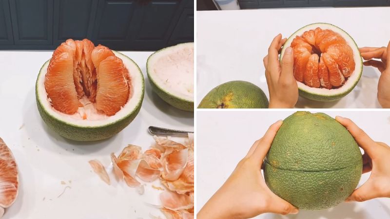 Arrange the pomelo segments in the skin