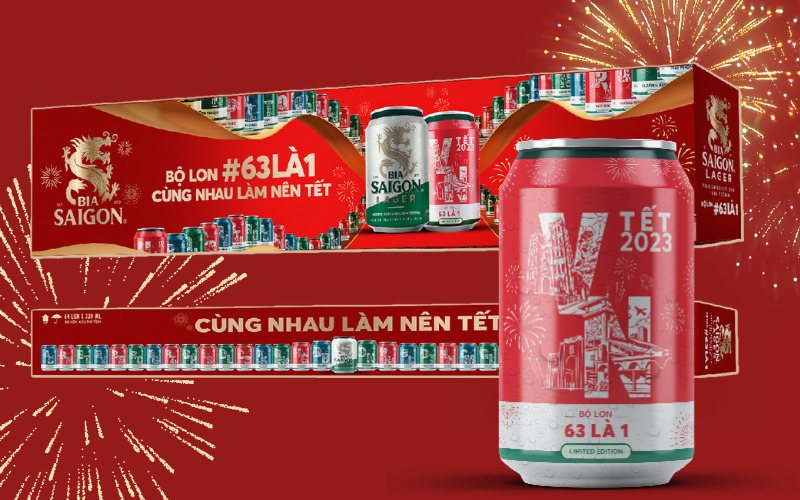 Một thùng bia bao gồm 64 lon bia Saigon Lager, với lon thứ 64 có thiết kế ‘VN’ - Việt Nam