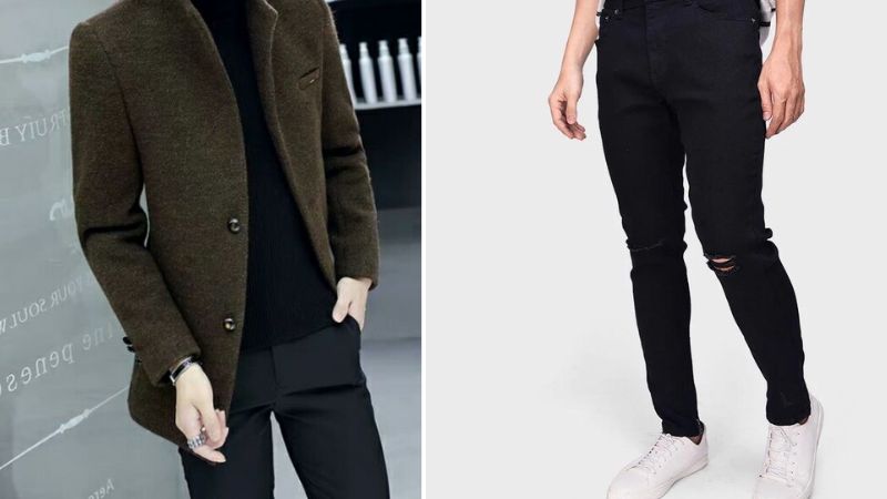 Áo dạ nam kết hợp với quần skinny jeans