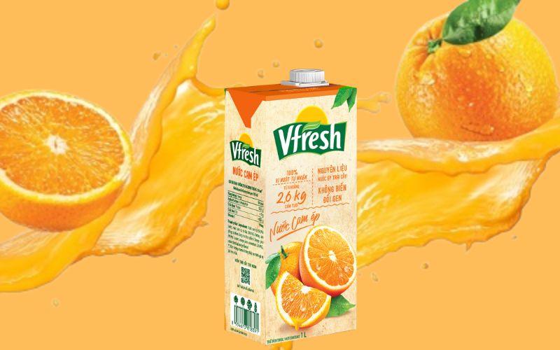Bao bì của nước cam ép Vfresh từ 2,6kg cam tươi