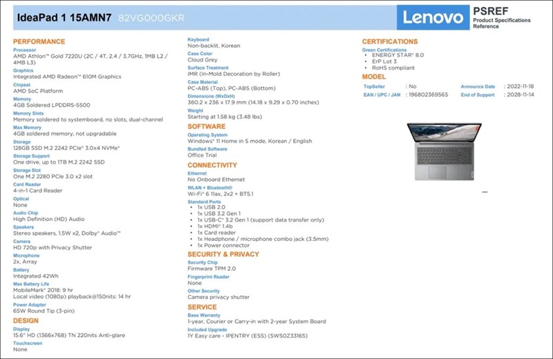 Thông tin về IdeaPad 1 hỗ trợ RDNA 2 được tìm thấy trên trang chủ của Lenovo