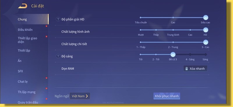 Thiết lập đồ họa trong Liên Quân Mobile mà mình chỉnh để test pin Galaxy S21 FE.