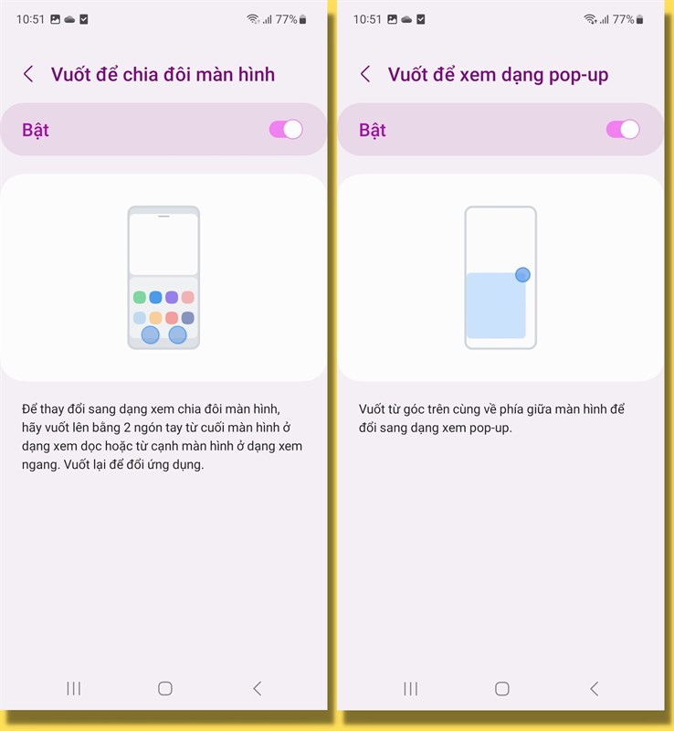 Vuốt để xem dạng pop-up và Vuốt để chia đôi màn hình trên One UI 5.0.