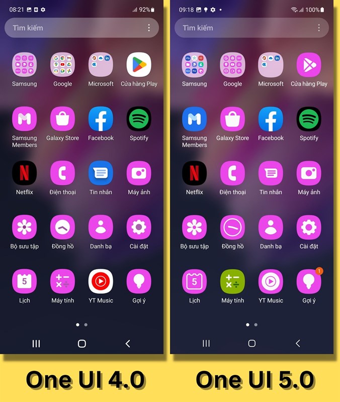 Chúng ta có thể thấy nhiều biểu tượng ứng dụng ở One UI 5.0 (bên phải) được đổi màu khi mình áp dụng tính năng Dynamic Theme.