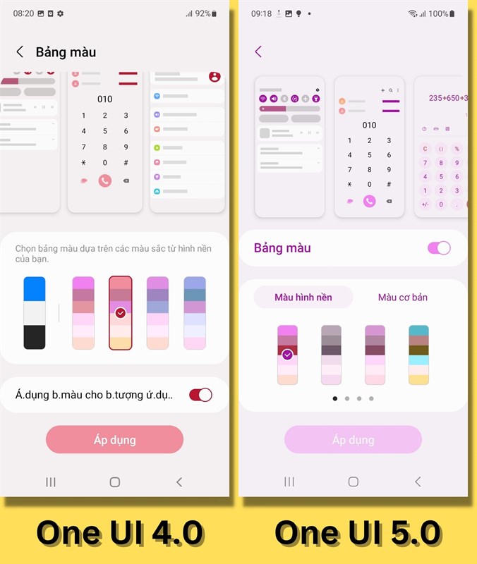 Bảng màu Dynamic Theme ở One UI 4.0 (bên trái) và One UI 5.0 (bên phải).