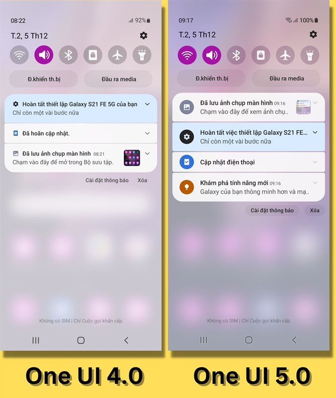 Thanh thông báo của One UI 4.0 (bên trái) và One UI 5.0 (bên phải).