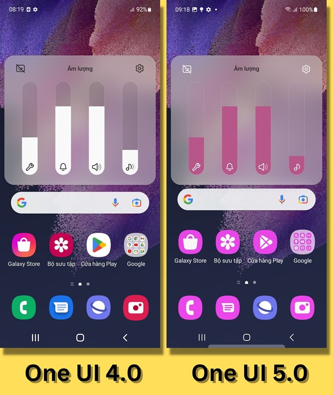 Khu vực điều chỉnh âm lượng của One UI 4.0 (bên trái) và One UI 5.0 (bên phải).
