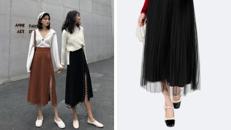 Chân váy midi sọc xẻ tà 2 bên CV03-23 | Thời trang công sở K&K Fashion