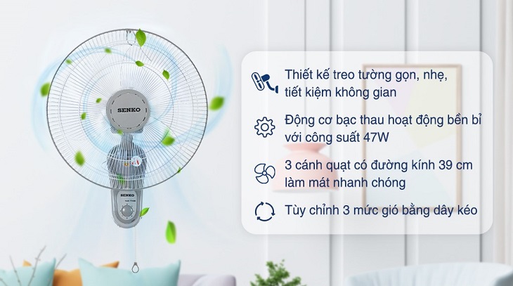 Quạt treo Senko T1680 sở hữu thiết kế gọn, nhẹ, tinh tế và tiết kiệm không gian