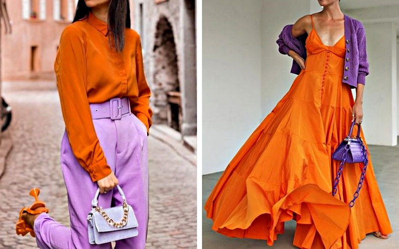 Trang phục màu tím kết hợp với màu cam