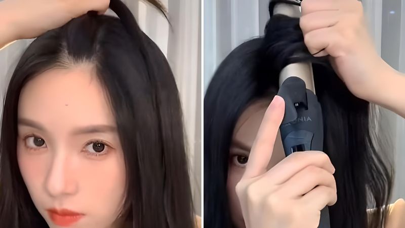 Divide the hair evenly on both sides and place the curling iron near the roots