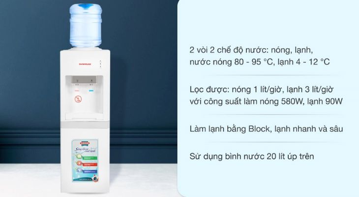 Cây nước nóng lạnh Sunhouse SHD9612 670W có kích thước: cao 96.6cm - ngang 31.3cm - sâu 29.5cm - nặng 13kg