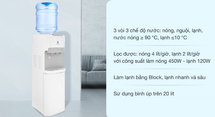 Cây nước nóng lạnh Electrolux EQACF01TXWV 570W có kích thước cao 99.5cm - ngang 31cm - sâu 35cm