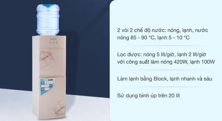 Cây nước nóng lạnh Clari YLR-5L(1010) 520W có khả năng giữ nước lạnh và nước nóng tự động