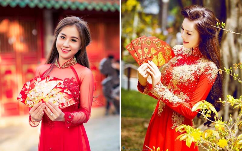 Tạo dáng chụp ảnh với bao lì xì