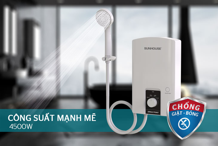 Máy nước nóng trực tiếp Sunhouse 4500W SHA-9452OP có công suất hoạt động đến 4500W đáp ứng nhu cầu sử dụng của người dùng