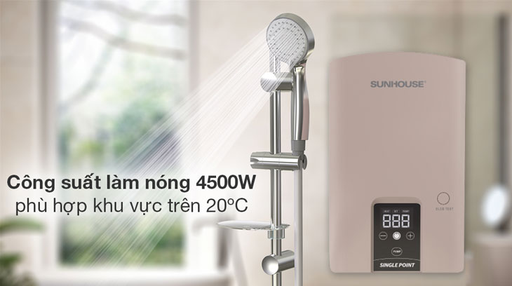 Máy nước nóng trực tiếp Sunhouse 4500W SHA9454EP làm nóng nước tối đa đến 55 độ C, phù hợp với khu vực có khí hậu lạnh