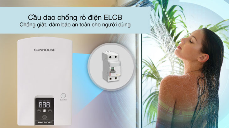 Máy nước nóng trực tiếp Sunhouse 4500W SHA-9453EP được tích hợp cầu dao chống rò rỉ điện ELCB đảm bảo an toàn khi sử dụng