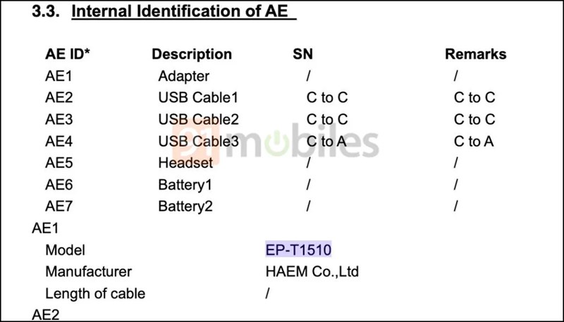 Bộ sạc của thiết bị sẽ đi kèm với số model EP-T1510
