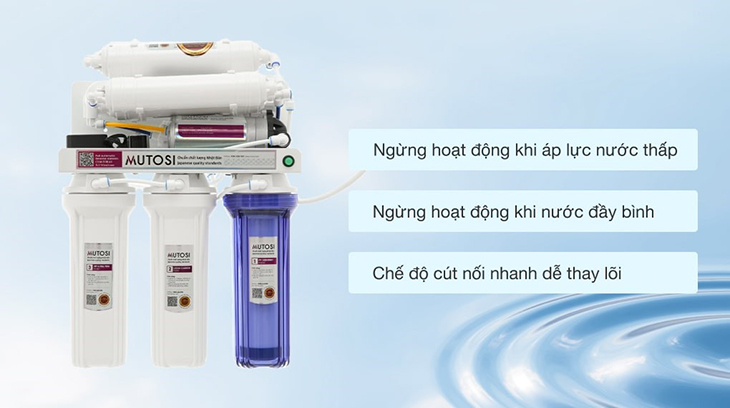 Máy lọc nước RO không vỏ Mutosi MP-281 8 lõi có khả năng ngừng hoạt động khi áp lực nước thấp