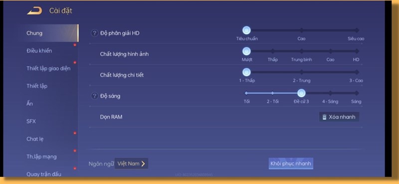 Thiết lập đồ họa Liên Quân Mobile trong bài test pin của OPPO A57.