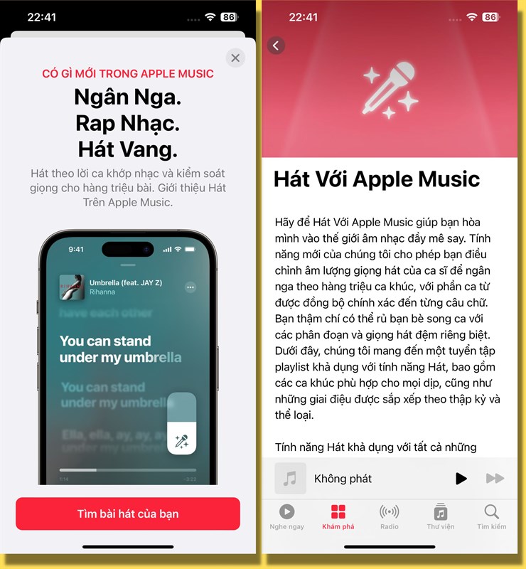 Ngay khi mình vào Apple Music trên iOS 16.2, hệ thống giới thiệu luôn tính năng Apple Music Sing.