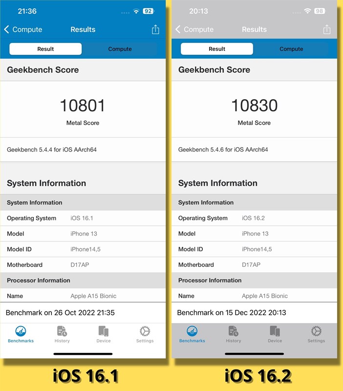 So sánh điểm GeekBench 5 Compute của iPhone 13 chạy iOS 16.1 (bên trái) và iOS 16.2 (bên phải).