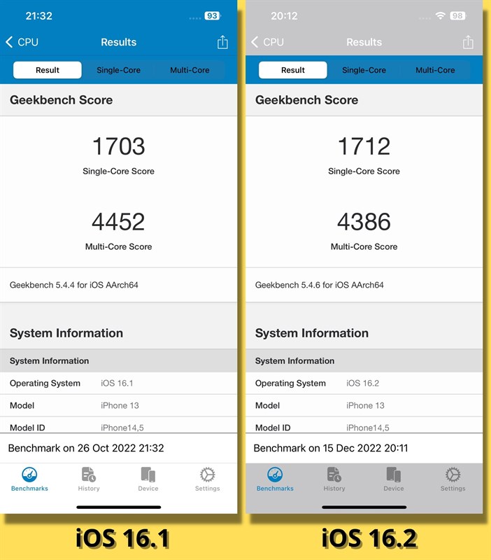 So sánh điểm GeekBench 5 (đơn nhân/đa nhân) của iPhone 13 chạy iOS 16.1 (bên trái) và iOS 16.2 (bên phải).