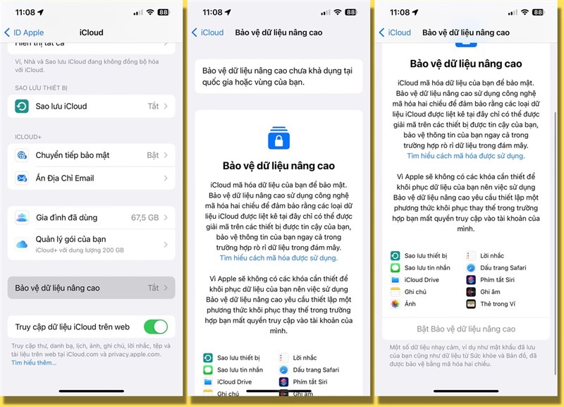 Tiếc là tính năng Advanced Data Protection chưa hỗ trợ người dùng iPhone tại Việt Nam. Tiếc là tính năng Advanced Data Protection chưa hỗ trợ người dùng iPhone tại Việt Nam.