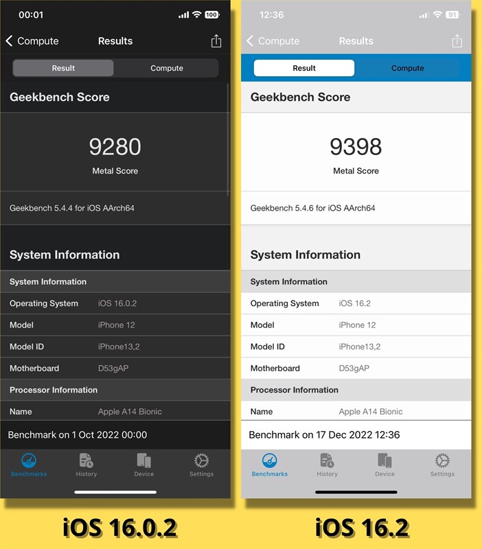 So sánh điểm GeekBench 5 Compute của iPhone 12 chạy iOS 16.0.2 (bên trái) và iOS 16.2 (bên phải). So sánh điểm GeekBench 5 Compute của iPhone 12 chạy iOS 16.0.2 (bên trái) và iOS 16.2 (bên phải).