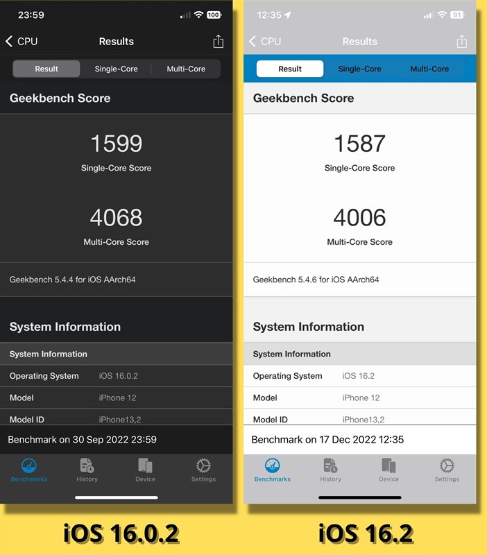 So sánh điểm GeekBench 5 (đơn nhân/đa nhân) của iPhone 12 chạy iOS 16.0.2 (bên trái) và iOS 16.2 (bên phải). So sánh điểm GeekBench 5 (đơn nhân/đa nhân) của iPhone 12 chạy iOS 16.0.2 (bên trái) và iOS 16.2 (bên phải).