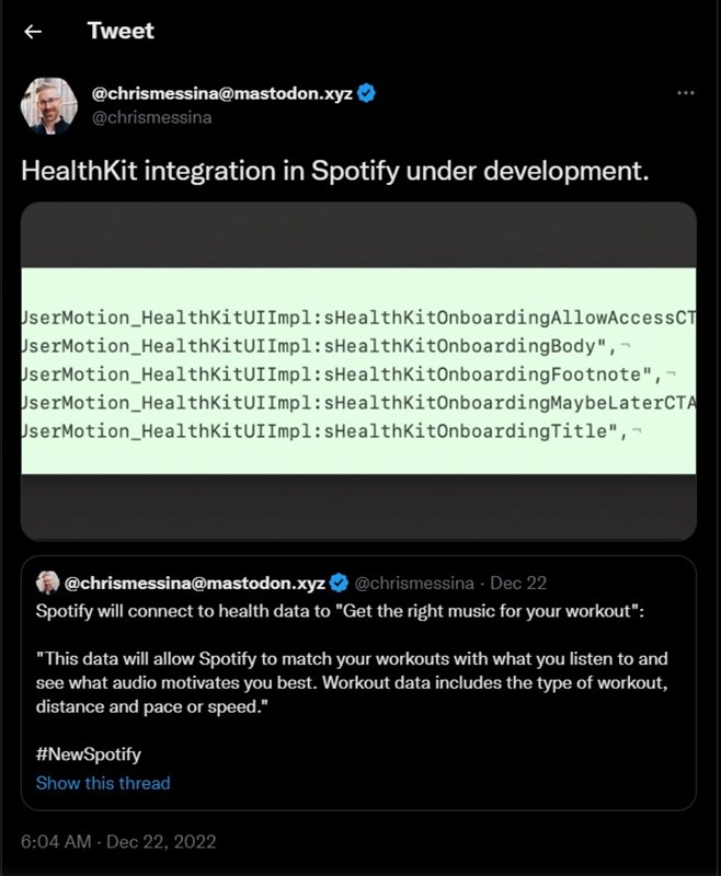 Chris Messina tìm thấy một đoạn mã tích hợp HealthKit của ứng dụng Spotify trên iOS