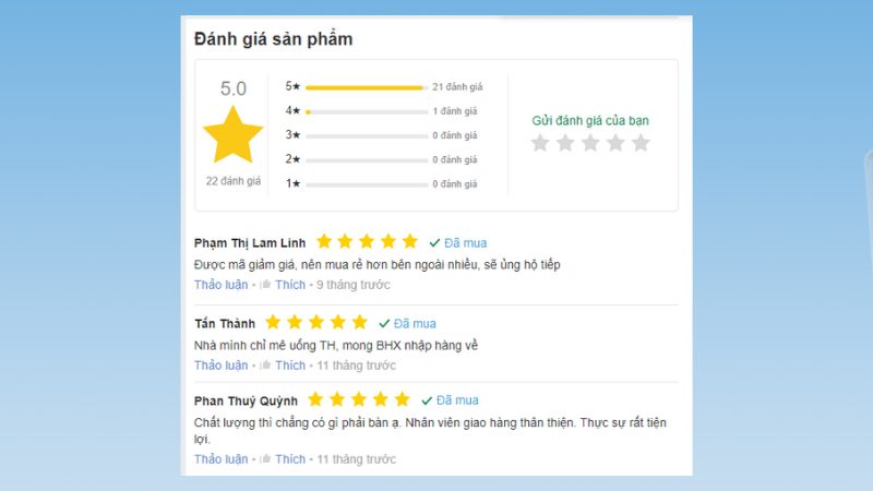 Đánh giá của khách hàng về sữa tươi tiệt trùng ít đường TH true MILK 180ml