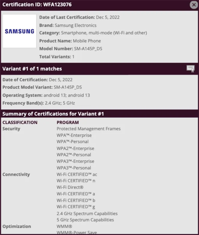 Galaxy A14 4G đạt chứng nhận Wi-Fi Alliance Galaxy A14 4G đạt chứng nhận Wi-Fi Alliance