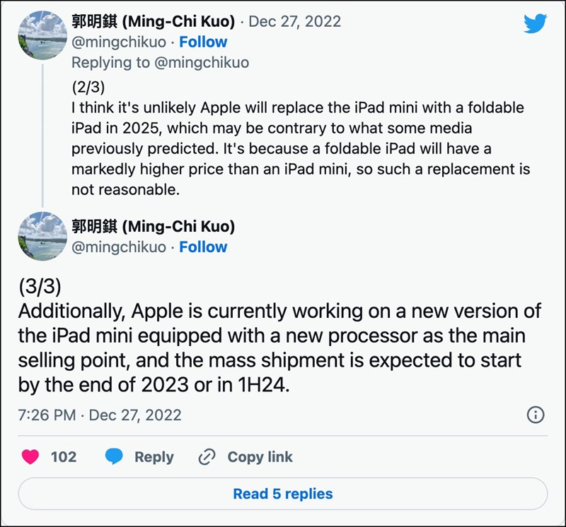Các bài tweet của Ming Chi-Kuo về mẫu iPad mini mới