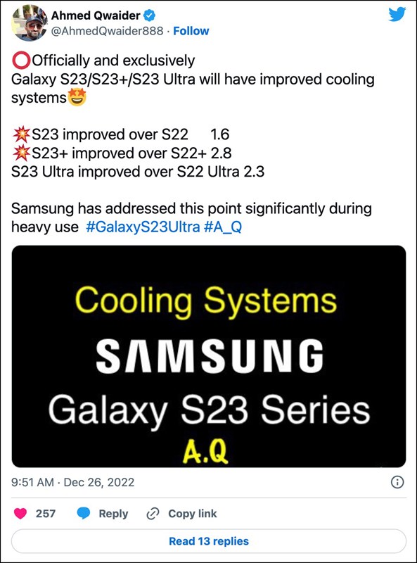 Bài tweet của Qwaider về cải tiến của Galaxy S23