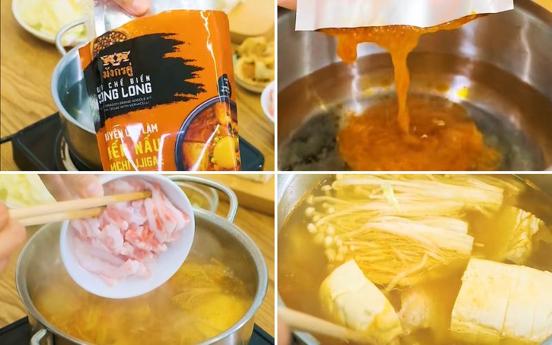 Nấu nước dùng canh Kimchi Jjigae