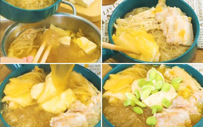 Trụng miến và hoàn tất món miến nấu Kimchi Jjigae