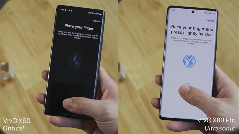 Vivo X90 (trái) vẫn được trang bị cảm biến vân tay quang học trong màn hình. Vivo X90 (trái) vẫn được trang bị cảm biến vân tay quang học trong màn hình.