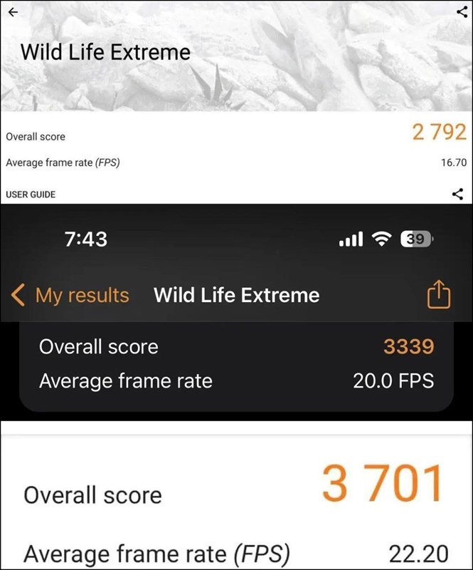 Kết quả Wild Life Extreme test của các dòng chip lần lượt là Snapdragon 8+ Gen 1, A16 Bionic và Snapdragon 8 Gen 2 Kết quả Wild Life Extreme test của các dòng chip lần lượt là Snapdragon 8+ Gen 1, A16 Bionic và Snapdragon 8 Gen 2