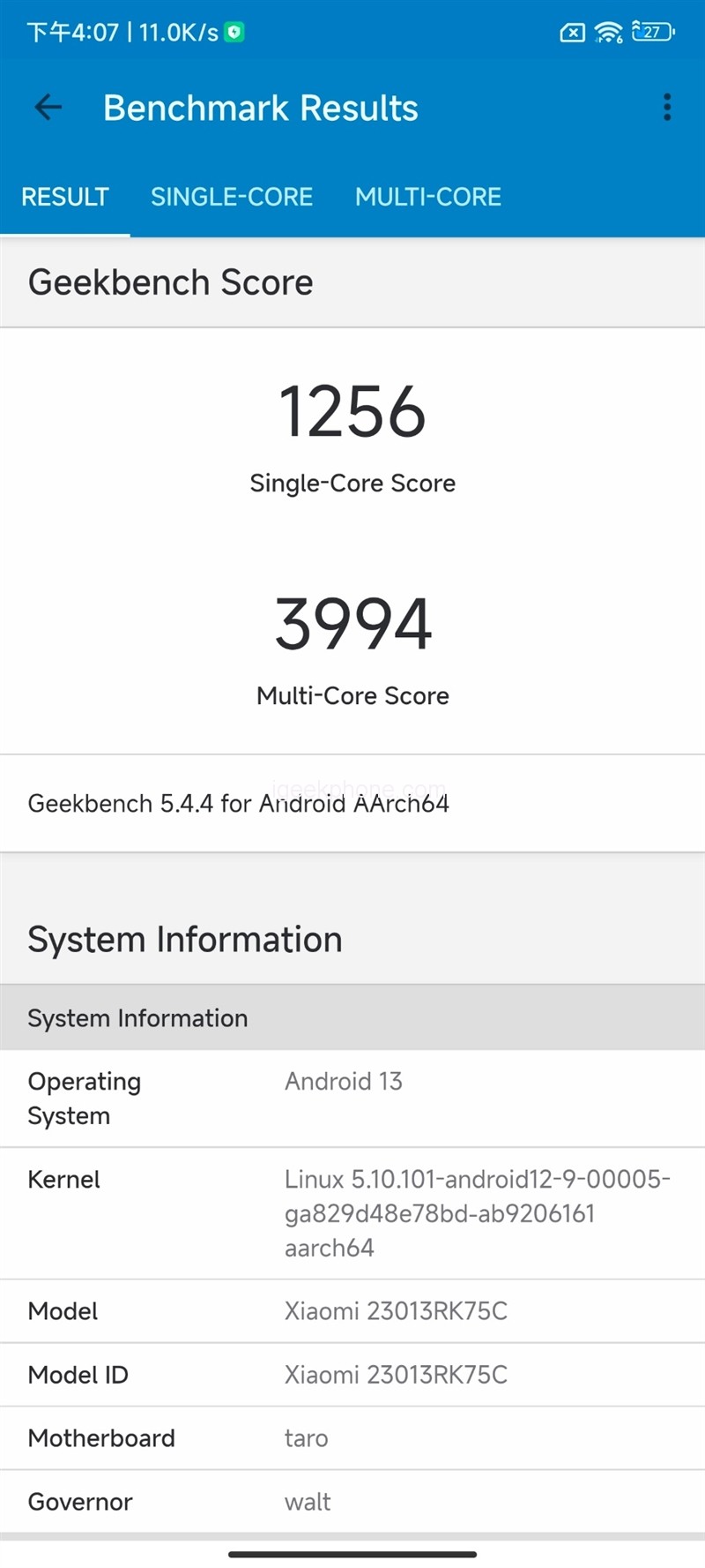 Kết quả chấm điểm Geekbench 5 trên Redmi K60.