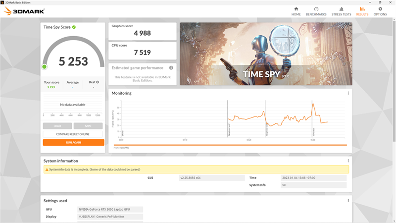 Điểm 3DMark của ASUS TUF Dash F15 2022. Điểm 3DMark của ASUS TUF Dash F15 2022.
