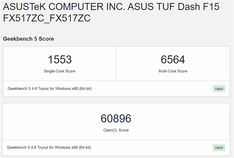 Điểm GeekBench 5 của ASUS TUF Dash F15 2022. Điểm GeekBench 5 của ASUS TUF Dash F15 2022.