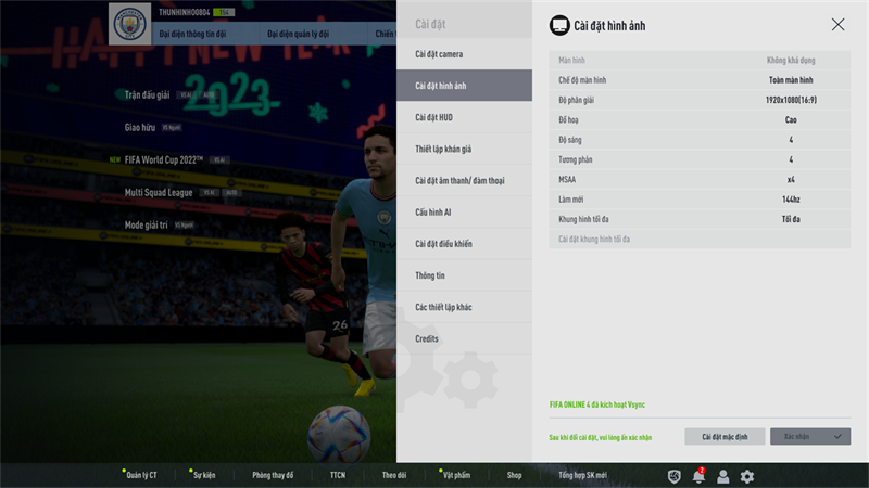 Thiết lập đồ họa trong game FIFA Online 4 mà mình chỉnh với ASUS TUF Dash F15. Thiết lập đồ họa trong game FIFA Online 4 mà mình chỉnh với ASUS TUF Dash F15.