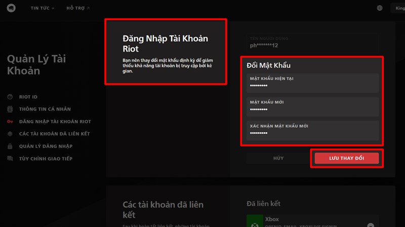 Hướng dẫn cơ hội thay đổi password Riot