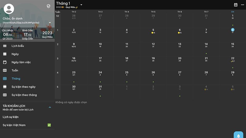 Giao diện lịch âm