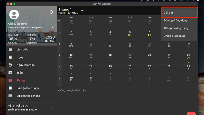 Mở cài đặt lịch âm